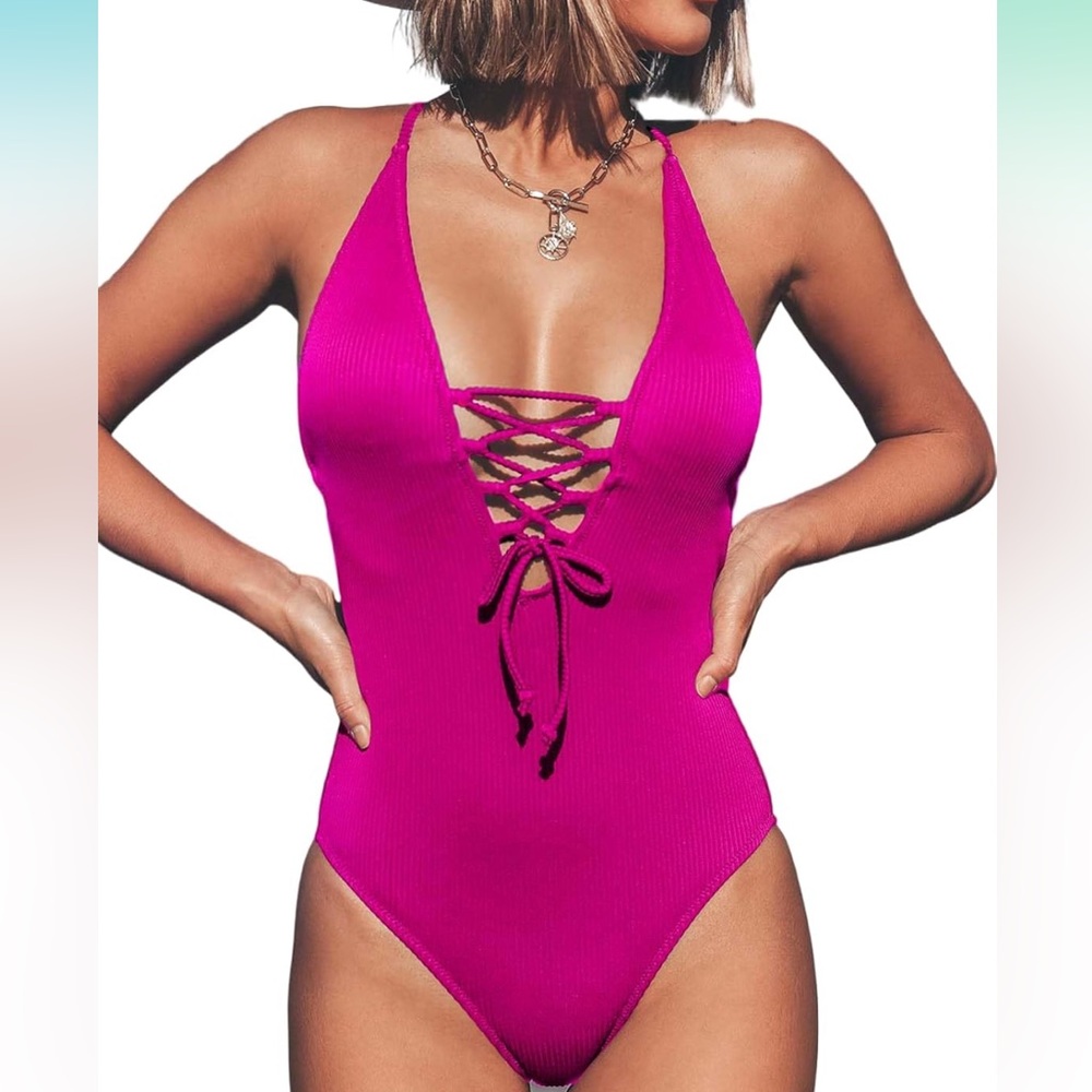 CUPSHE Women's Solid Magenta V Neck Lace Up One Piece Swimsuit Small NWT
